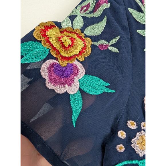 Frick And Frill Navy Floral Embroidered Sheer‎ Lace Maxi Dress Sz 10 - Picture 3 of 14